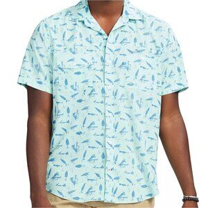 Izod Sunshield Performance Short Sleeve Printed Button Down Blue Shirt NEW Large